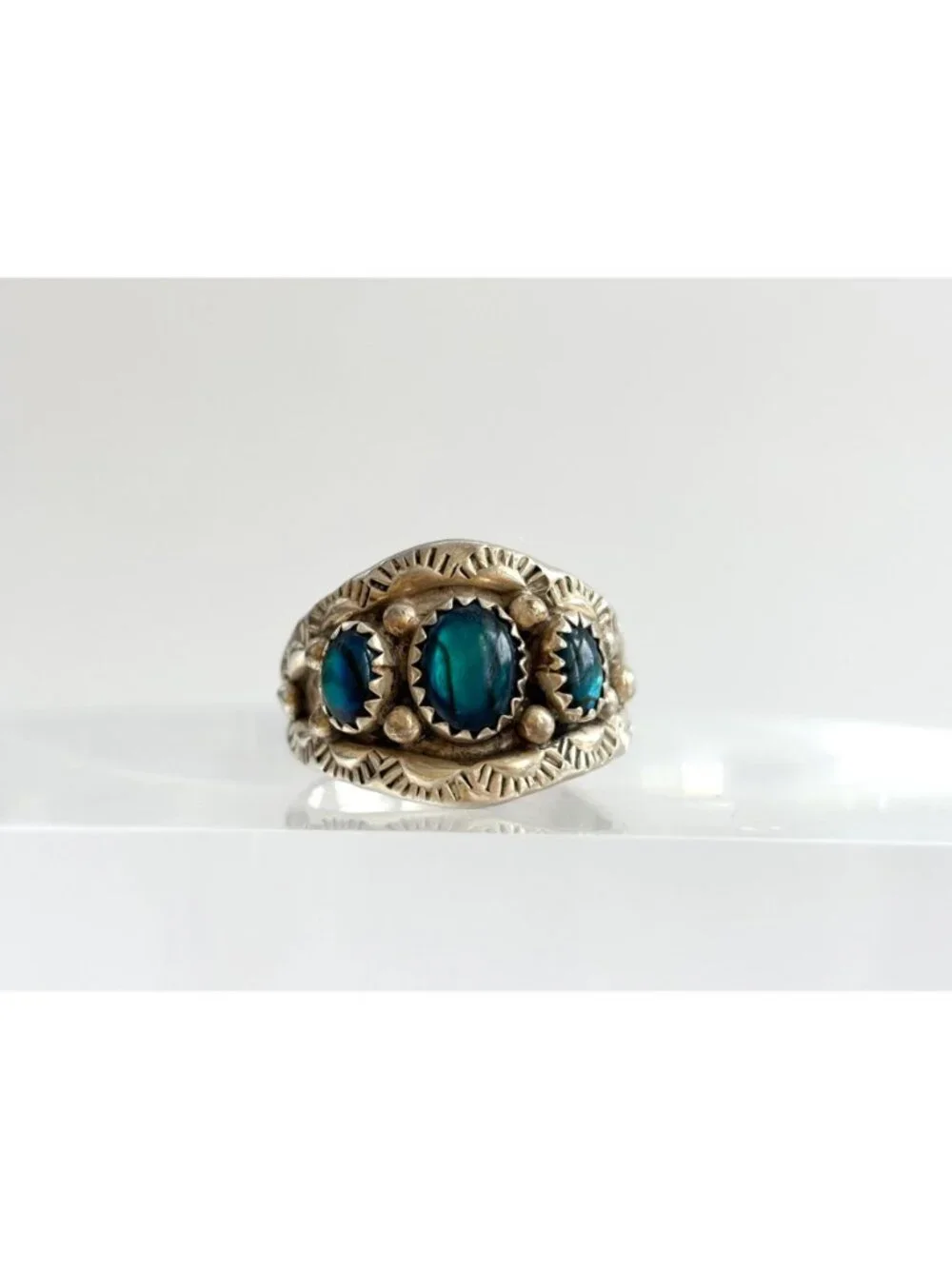 Navajo Blue Abalone Gemstone Southwest Sterling Silver 925 Vintage Ring - sz 10